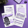 Cuatro hojas de registro de incidentes escolares con detalles en morado se muestran sobre una superficie morada. En la portada aparece un caballo de dibujos animados leyendo un libro. Las otras páginas muestran formularios para registrar incidentes escolares e información sobre los alumnos.