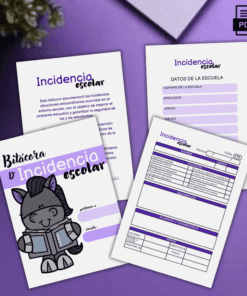 Cuatro hojas de registro de incidentes escolares con detalles en morado se muestran sobre una superficie morada. En la portada aparece un caballo de dibujos animados leyendo un libro. Las otras páginas muestran formularios para registrar incidentes escolares e información sobre los alumnos.