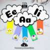 Marcapáginas de colores en forma de nube etiquetados como "Ee", "Aa" e "Ii" con imágenes debajo: estrella, pollito, abeja, arco iris, anillo y pie. El texto de la parte inferior dice "Descarga inmediata" con un icono de descarga.