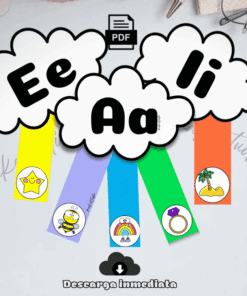 Marcapáginas de colores en forma de nube etiquetados como "Ee", "Aa" e "Ii" con imágenes debajo: estrella, pollito, abeja, arco iris, anillo y pie. El texto de la parte inferior dice "Descarga inmediata" con un icono de descarga.