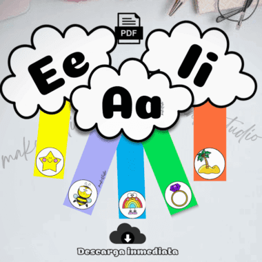 Marcapáginas de colores en forma de nube etiquetados como "Ee", "Aa" e "Ii" con imágenes debajo: estrella, pollito, abeja, arco iris, anillo y pie. El texto de la parte inferior dice "Descarga inmediata" con un icono de descarga.