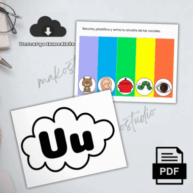 Colorida hoja de ejercicios con cinco franjas verticales en forma de arco iris, cada una etiquetada con una vocal diferente y la imagen correspondiente. También se muestra una tarjeta "Uu" en forma de nube e iconos PDF/descarga con el texto "Descarga inmediata".