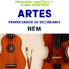 Portada de una guía educativa titulada "ARTES Primer Grado de Secundaria NEM". Presenta un violín y una guitarra con dos pinceles entre ellos, y texto en color sobre fondo blanco.