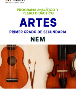 Portada de una guía educativa titulada "ARTES Primer Grado de Secundaria NEM". Presenta un violín y una guitarra con dos pinceles entre ellos, y texto en color sobre fondo blanco.