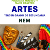 Portada de una guía didáctica para tercero de bachillerato de artes. Presenta a un niño con ropa de colores, una máscara teatral dorada, pinceles, una claqueta de cine y texto sobre el plan de estudios de la "Nueva Escuela Mexicana".