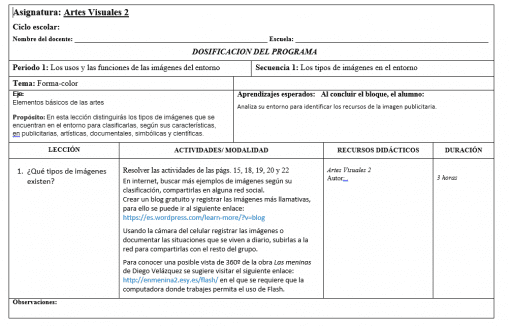 Un documento digital titulado "visualización de datos - programa excel". describe los temas, los objetivos, las actividades, los recursos y la duración de las lecciones en un formato de tabla claro con seis columnas y encabezados.