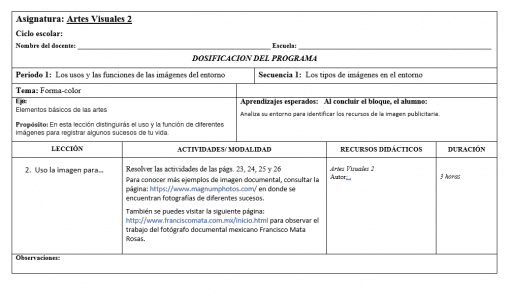 Imagen de una plantilla de documento escolar titulada "asignatura: artes visuales 2" que cubre temas, objetivos, actividades y recursos para un plan de lección con enlaces a sitios web externos para recursos adicionales para estudiantes.