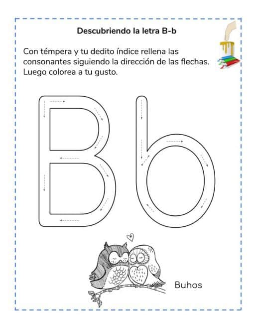 Una hoja de trabajo titulada "Iniciando en el ABC" muestra la 'b' mayúscula y minúscula, con flechas direccionales para practicar la escritura como parte de la serie abecedario. A continuación se muestran dos búhos de dibujos animados con la etiqueta "buhos". Las instrucciones están en español.