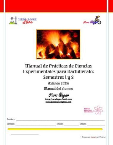Portada de un manual de laboratorio de ciencias en español, con una foto de troncos ardiendo, logotipos de organizaciones y campos para el nombre del alumno, el grupo, el profesor y el número de registro. El título menciona prácticas de ciencias experimentales para bachillerato.
