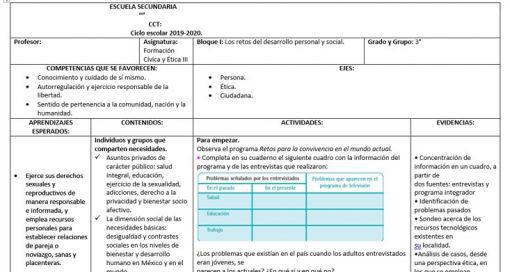 Imagen de un documento del plan de estudios escolar titulado "Planeación Anual Formación Cívica Y Etica 3 (Fce 3° Año)" para el año académico 2019-2020, que detalla competencias, contenidos y actividades para la Formación Cívica y Ética (FCE 3° Año), presentado en formato de tabla.