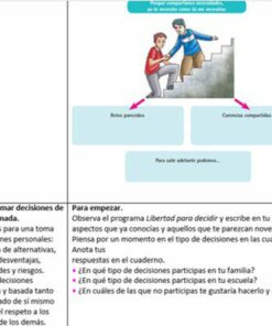 Imagen que muestra una caricatura de dos personas, una mujer y un hombre, vestidos con traje de negocios, sentados en unas escaleras y discutiendo un documento. Bloques de texto sobre 