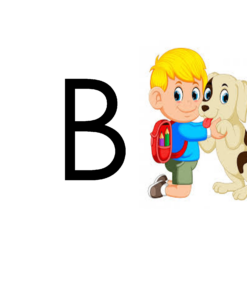 Una ilustración de dibujos animados de un niño de cabello rubio y una mochila roja siendo lamido cariñosamente por un perro beige y blanco, sobre un fondo verde junto a una gran letra "B" negra en un BANNER Bienvenida Animales.