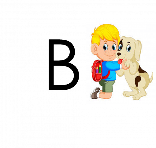 Una ilustración de dibujos animados de un niño de cabello rubio y una mochila roja siendo lamido cariñosamente por un perro beige y blanco, sobre un fondo verde junto a una gran letra "B" negra en un BANNER Bienvenida Animales.