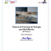 Portada de un manual español de laboratorio de biología para bachillerato con material de laboratorio de vidrio (vasos de precipitados, matraces, probetas) sobre una mesa. Título: "Manual de Prácticas de Biología para Bachillerato (10ª Edición)".