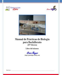 Portada de un manual español de laboratorio de biología para bachillerato con material de laboratorio de vidrio (vasos de precipitados, matraces, probetas) sobre una mesa. Título: "Manual de Prácticas de Biología para Bachillerato (10ª Edición)".