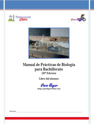 Portada de un manual español de laboratorio de biología para bachillerato con material de laboratorio de vidrio (vasos de precipitados, matraces, probetas) sobre una mesa. Título: "Manual de Prácticas de Biología para Bachillerato (10ª Edición)".