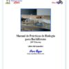 Portada de un manual de laboratorio de biología en español, con material de laboratorio como vasos de precipitados y tubos de ensayo sobre una mesa, con gráficos de temática científica y espacios para un nombre e información sobre la edición.