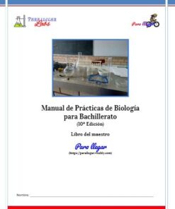 Portada de un manual de laboratorio de biología en español, con material de laboratorio como vasos de precipitados y tubos de ensayo sobre una mesa, con gráficos de temática científica y espacios para un nombre e información sobre la edición.