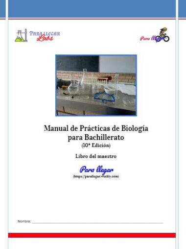 Portada de un manual de laboratorio de biología en español, con material de laboratorio como vasos de precipitados y tubos de ensayo sobre una mesa, con gráficos de temática científica y espacios para un nombre e información sobre la edición.