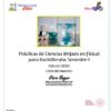 Portada de una guía del profesor de ciencias con una foto de un vaso de precipitados, iconos de laboratorio y logotipos. Título: "Prácticas de Ciencias (énfasis en Física) para Bachillerato: Semestre 1". Campos de texto para nombre, centro y fecha en la parte inferior.