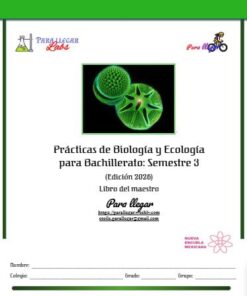 Portada de una guía del profesor de biología y ecología para bachillerato, semestre 3, con organismos microscópicos verdes, logotipos y espacios para nombre, escuela y grupo. Texto en español.