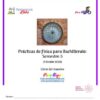 Portada de un cuaderno español de prácticas de física para bachillerato, semestre 5, con imagen de brújula de época, logotipos y espacio para nombre, colegio, curso y grupo. Título y datos de contacto centrados.