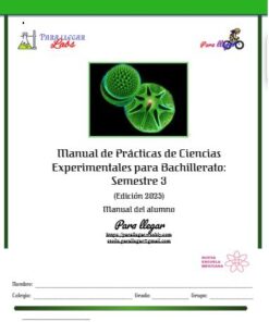 Portada de un manual de laboratorio de ciencias titulado "Manual de Prácticas de Ciencias Experimentales para Bachillerato: Semestre 3", con imágenes de granos verdes de polen, logotipos y espacios para nombre, grupo y firma.