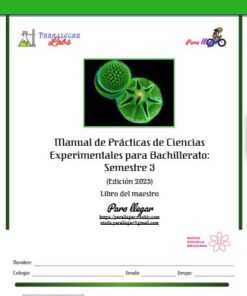 Portada de un manual de prácticas de ciencias para bachillerato, semestre 3 (edición 2025), con granos de polen verdes, logotipos, espacio para el nombre y el grupo, y el título en español.