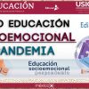 Un cartel de un curso de educación socioemocional pospandemia, con varios logotipos educativos. En el centro llama la atención un diagrama con un libro abierto y el título "EDUCACION SOCIOEMOCIONAL", rodeado de frases como "APRENDER A SER" y "APRENDER A VIVIR JUNTOS". Proporcionado por Respuestas curso Educación Socioemocional Pospandemia MéxicoX.