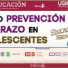 Pancarta del curso titulado "Respuestas Curso Prevención del Embarazo en Adolescentes MéxicoX", organizado por la Secretaría de Educación Pública, MéxicoX y varias otras instituciones educativas. La pancarta presenta elementos decorativos y logotipos de los organizadores.
