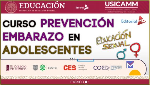 Pancarta del curso titulado "Respuestas Curso Prevención del Embarazo en Adolescentes MéxicoX", organizado por la Secretaría de Educación Pública, MéxicoX y varias otras instituciones educativas. La pancarta presenta elementos decorativos y logotipos de los organizadores.