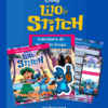 Colorida imagen promocional del calendario escolar Lilo & Stitch de Disney, con Lilo y Stitch tocando música, secciones de información personalizada y muestras del calendario en papel y en un dispositivo móvil. El texto incluye "2025-2026" y "@editorialmd".