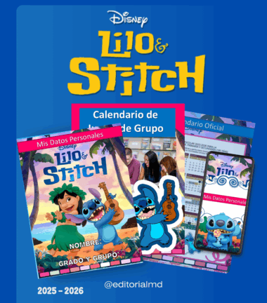 Colorida imagen promocional del calendario escolar Lilo & Stitch de Disney, con Lilo y Stitch tocando música, secciones de información personalizada y muestras del calendario en papel y en un dispositivo móvil. El texto incluye "2025-2026" y "@editorialmd".