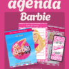 Portada de agenda con hoja de datos personales, lista de tareas y pantalla de móvil con temática Barbie, todo en rosa con imágenes y logotipos de Barbie. Texto "agenda Barbie 2025-2026 @editorialmd" sobre fondo rosa.