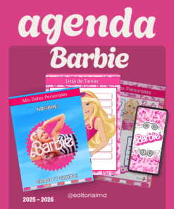 Portada de agenda con hoja de datos personales, lista de tareas y pantalla de móvil con temática Barbie, todo en rosa con imágenes y logotipos de Barbie. Texto "agenda Barbie 2025-2026 @editorialmd" sobre fondo rosa.