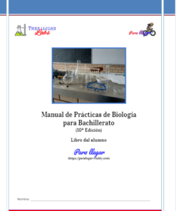 Portada de un manual de laboratorio de biología titulado "Manual de prácticas de laboratorio para Bachillerato (Libro del alumno)" con una imagen de equipos de laboratorio que incluyen vasos de precipitados y tubos de ensayo. La portada presenta el logo "Para Llegar Lab" y espacios para el nombre y la clase del estudiante.