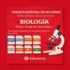 Gráfico rojo que anuncia un completo paquete de recursos de biología para estudiantes de primer curso de secundaria, con iconos de programas de análisis, diagnóstico, planificación, actividades, proyectos, exámenes y evaluaciones, con una ilustración de un microscopio.