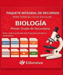 Gráfico rojo que anuncia un completo paquete de recursos de biología para estudiantes de primer curso de secundaria, con iconos de programas de análisis, diagnóstico, planificación, actividades, proyectos, exámenes y evaluaciones, con una ilustración de un microscopio.