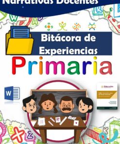 Colorida portada para un diario de enseñanza titulado "Bitácora de Experiencias Primaria", con profesores de dibujos animados en una mesa, documentos, carpeta y garabatos lúdicos de temática escolar de fondo.