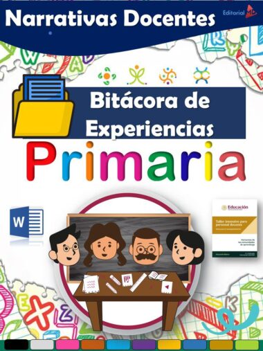 Colorida portada para un diario de enseñanza titulado "Bitácora de Experiencias Primaria", con profesores de dibujos animados en una mesa, documentos, carpeta y garabatos lúdicos de temática escolar de fondo.