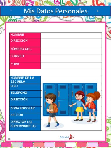 Formulario en color titulado "Mis Datos Personales" con espacios para rellenar datos personales y escolares. A la derecha, tres niñas de dibujos animados con mochilas están delante de taquillas azules, sonriendo y hablando.
