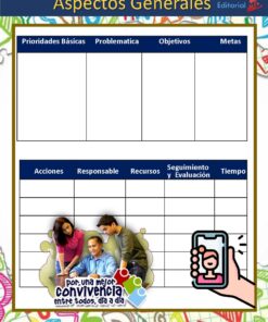 Una colorida plantilla en español para organizar aspectos generales de un proyecto, con tablas para prioridades, problemas, objetivos, metas, acciones, responsabilidades, recursos, evaluación y tiempo. Incluye imágenes de personas y un icono de teléfono.