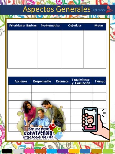 Una colorida plantilla en español para organizar aspectos generales de un proyecto, con tablas para prioridades, problemas, objetivos, metas, acciones, responsabilidades, recursos, evaluación y tiempo. Incluye imágenes de personas y un icono de teléfono.