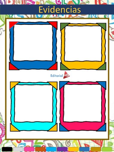 Colorida plantilla titulada "Evidencias" con cuatro marcos cuadrados vacíos (rojo/azul, amarillo/verde, azul claro y rosa) sobre un fondo de garabatos. Espacios para añadir pruebas o información.