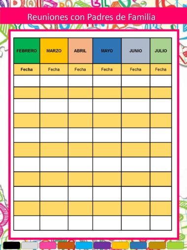 Colorida tabla titulada "Reuniones con Padres de Familia" con columnas para los meses de febrero a julio y filas para escribir las fechas de las reuniones de padres. El fondo tiene garabatos de temática escolar.