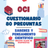 Colorido cartel educativo en español que promociona un concurso de conocimientos científicos de 80 preguntas, decorado con libros, lápices, manzanas y con una portada de libro con una mujer indígena sosteniendo tejidos en la parte inferior derecha.