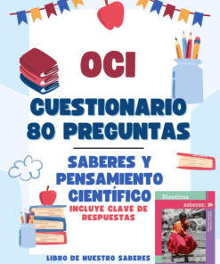 Colorido cartel educativo en español que promociona un concurso de conocimientos científicos de 80 preguntas, decorado con libros, lápices, manzanas y con una portada de libro con una mujer indígena sosteniendo tejidos en la parte inferior derecha.