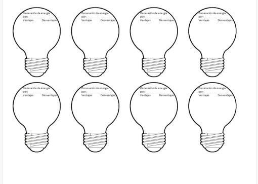 Ocho íconos de Planeacion Ciencias Físicas Secundaria (Trimestre 2) PLAN 2017 dispuestos en dos filas, cada uno etiquetado con "generación de energía ventajas" y "desventajas" en español, lo que indica un diagrama conceptual de los pros y los contras de la generación de energía.