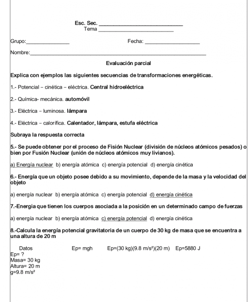 Un ensayo en español titulado "Planeación Ciencias Físicas Secundaria (Trimestre 2) PLAN 2017", que presenta preguntas sobre energía eléctrica, atómica y gravitacional, junto con conceptos físicos relacionados, como masa y velocidad.