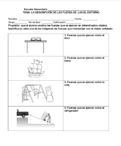 Oración con nombre de producto:
Ficha educativa de una escuela secundaria sobre el tema de Planeación Ciencias Físicas Secundaria (Trimestre 2) PLAN 2017, con diagramas que muestran diferentes escenarios como una persona empujando un carrito y un estudiante.